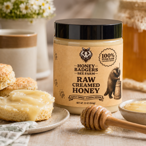 Honey Badgers Bee Farm Raw Creamed Honey 12oz – Florida Grown Thick Spread | Made in USA Honey Badgers Bee Farm  Raw Honey
