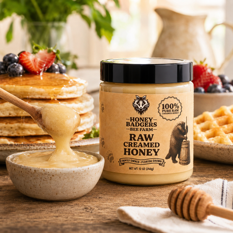 Honey Badgers Bee Farm Raw Creamed Honey 12oz – Florida Grown Thick Spread | Made in USA Honey Badgers Bee Farm  Raw Honey