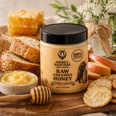 Honey Badgers Bee Farm Raw Creamed Honey 12oz – Florida Grown Thick Spread | Made in USA Honey Badgers Bee Farm  Raw Honey