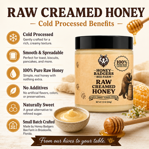 Honey Badgers Bee Farm Raw Creamed Honey 12oz – Florida Grown Thick Spread | Made in USA Honey Badgers Bee Farm  Raw Honey