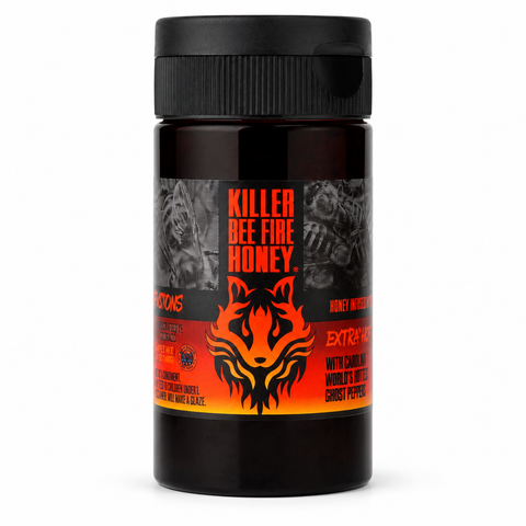 Killer Bee Fiery Hot Honey Sauce – All Natural Spicy Honey Glaze with Bhut Jolokia Peppers | Made in USA Honey Badgers Bee Farm  Hot Honey