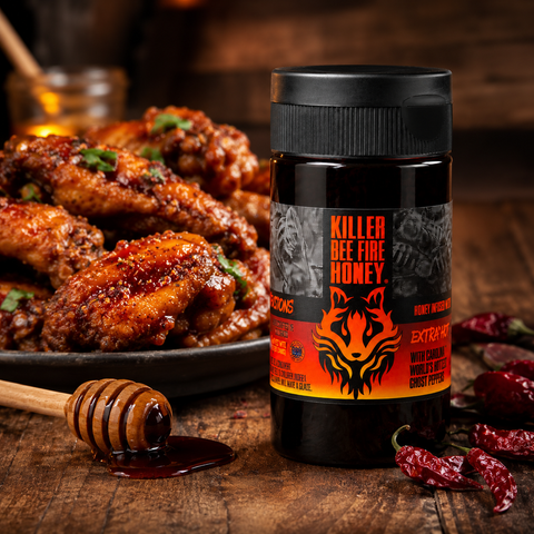 Killer Bee Fiery Hot Honey Sauce – All Natural Spicy Honey Glaze with Bhut Jolokia Peppers | Made in USA Honey Badgers Bee Farm  Hot Honey