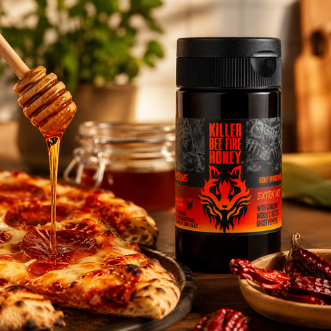 Killer Bee Fiery Hot Honey Sauce – All Natural Spicy Honey Glaze with Bhut Jolokia Peppers | Made in USA Honey Badgers Bee Farm  Hot Honey