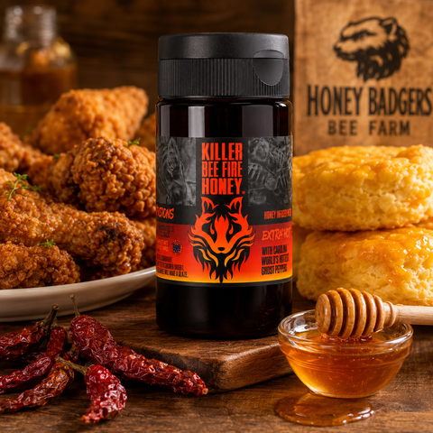 Killer Bee Fiery Hot Honey Sauce – All Natural Spicy Honey Glaze with Bhut Jolokia Peppers | Made in USA Honey Badgers Bee Farm  Hot Honey