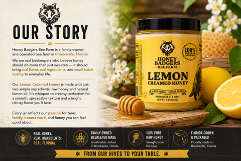 Honey Badgers Lemon Creamed Honey 12 oz – Smooth Citrus Infused Raw Spread | Made in USA Honey Badgers Bee Farm 