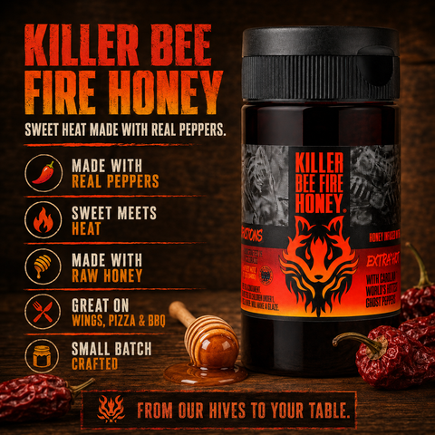 Killer Bee Fiery Hot Honey Sauce – All Natural Spicy Honey Glaze with Bhut Jolokia Peppers | Made in USA Honey Badgers Bee Farm  Hot Honey
