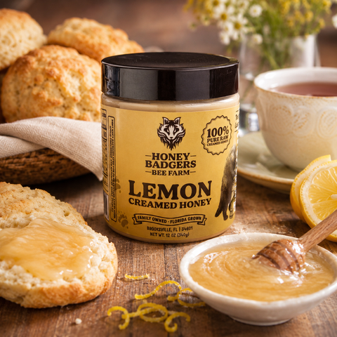 Honey Badgers Lemon Creamed Honey 12 oz – Smooth Citrus Infused Raw Spread | Made in USA Honey Badgers Bee Farm 