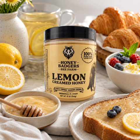 Honey Badgers Lemon Creamed Honey 12 oz – Smooth Citrus Infused Raw Spread | Made in USA Honey Badgers Bee Farm 