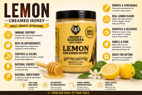 Honey Badgers Lemon Creamed Honey 12 oz – Smooth Citrus Infused Raw Spread | Made in USA Honey Badgers Bee Farm 