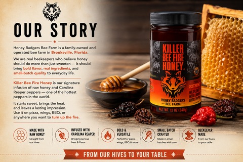 Killer Bee Fiery Hot Honey Sauce – All Natural Spicy Honey Glaze with Bhut Jolokia Peppers | Made in USA Honey Badgers Bee Farm  Hot Honey