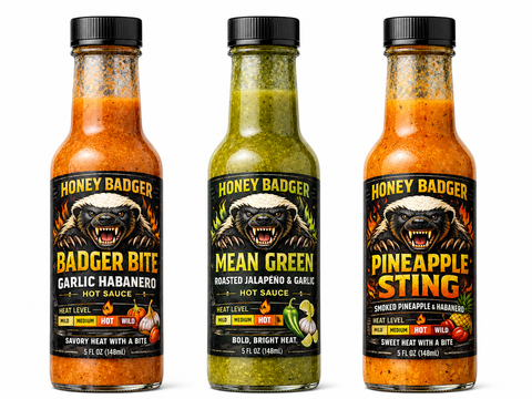 Honey Badger Hot Sauce Trio – 3 Pack 5 fl oz Bottles | Pineapple Sting, Badger Bite & Mean Green | Made in USA Honey Badgers Bee Farm 