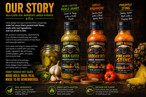 Honey Badger Hot Sauce Trio – 3 Pack 5 fl oz Bottles | Pineapple Sting, Badger Bite & Mean Green | Made in USA Honey Badgers Bee Farm 