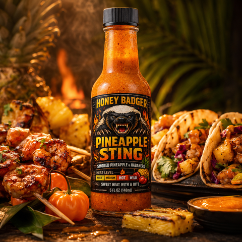 Honey Badger Hot Sauce Trio – 3 Pack 5 fl oz Bottles | Pineapple Sting, Badger Bite & Mean Green | Made in USA Honey Badgers Bee Farm 