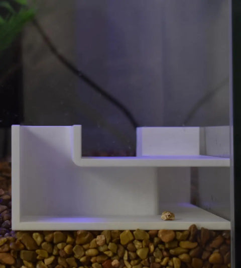 The Chatelet Aquarium Underground Tunnel by Chatelet Manufacturing is a white, two-level hideout for fish or shrimp, shown here in a small aquarium with brown gravel, a plant stem, and a tiny snail at the front right corner.