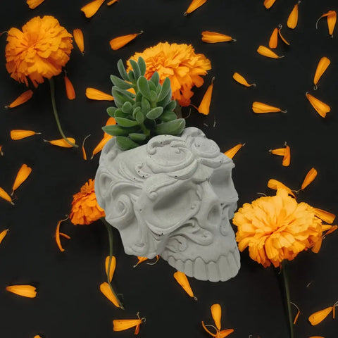 Chatelet Concrete Skull Design Small Planter - 5" X 3.5" X3" - Holds Small Indoor or Outdoor Plants - Succulents, Microgreens, Flowers - Handmade in USA (Gray, Concrete) Chatelet Manufacturing 