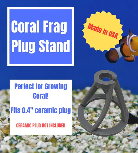 A promo image for Chatelet REEFSHAPE Coral Frag Plug Stand shows a gray stand on aquarium gravel with a clownfish. Text notes it fits 0.4 plugs, stabilizes coral, is Made in USA by Chatelet Manufacturing, and comes in a 5 pack for aquariums.