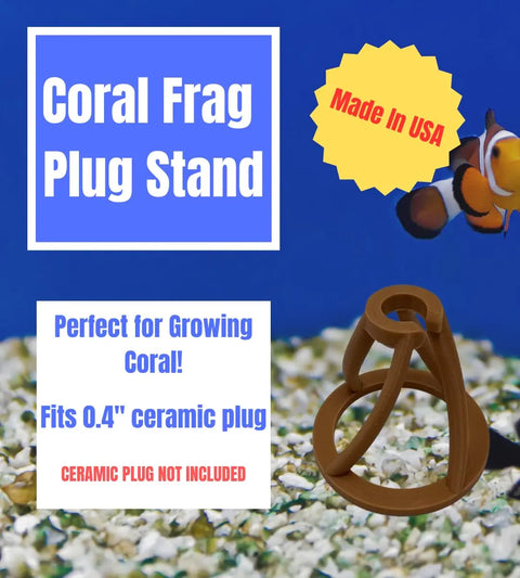 The Chatelet REEFSHAPE Coral Frag Plug Stand by Chatelet Manufacturing is shown on gravel with a clownfish and blue background. This 5-pack aquarium frag holder fits 0.4” ceramic plugs (plugs not included) and is made in the USA, ideal for reef aquariums.