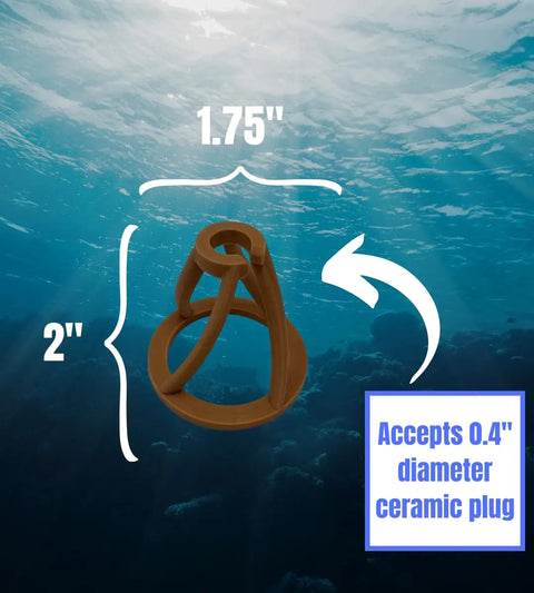 The Chatelet REEFSHAPE Coral Frag Plug Stand by Chatelet Manufacturing is a brown, circular, arch-shaped holder (2H x 1.75W), fitting 0.4 ceramic plugs—ideal for reef aquariums. Sold as a 5 pack and made in the USA for optimal coral stability.