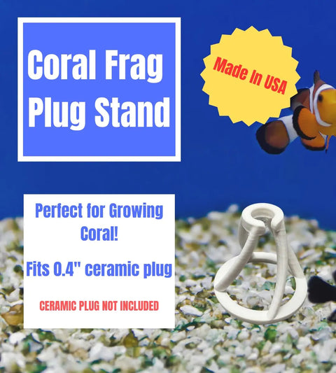 The Chatelet REEFSHAPE Coral Frag Plug Stand by Chatelet Manufacturing, shown on aquarium gravel with a clownfish, protects corals. Features: 5-pack, fits 0.4” ceramic plugs (not included), made in USA—ideal for reef tanks.