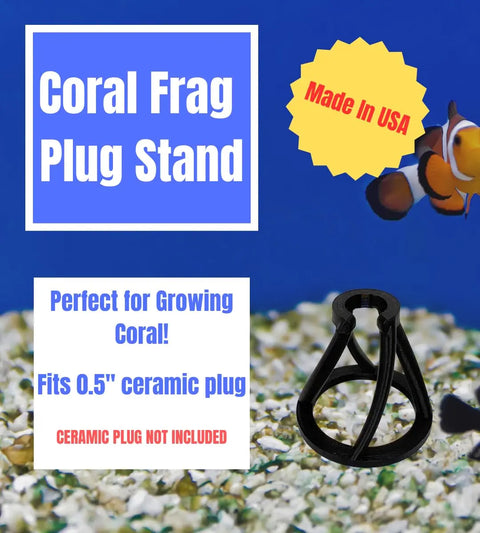 The Chatelet REEFSHAPE Coral Frag Plug Stand (5 Pack) by Chatelet Manufacturing sits on aquarium gravel, perfect for coral stability and reef tanks. Fits 0.5 plugs, made in the USA—ideal aquarium accessory with a swimming clownfish in the blue background.