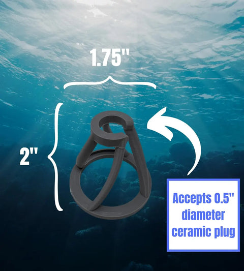 The Chatelet REEFSHAPE Coral Frag Plug Stand by Chatelet Manufacturing is a black plastic stand (2 tall, 1.75 wide) with three supports, shown underwater. It provides stable coral placement in your aquarium. Includes 5-pack; made in the USA.
