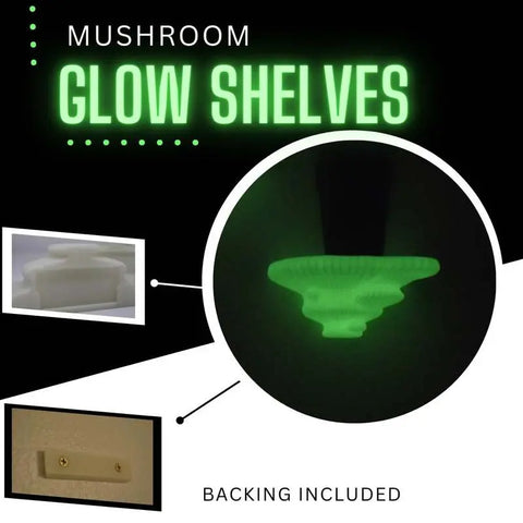 Promotional graphic for Chatelet Mushroom Floating Shelves by Chatelet Manufacturing shows a glowing, mushroom-shaped shelf illuminated in green. Inset images display included hardware and a note stating “Backing Included.” Perfect for unique home decor.