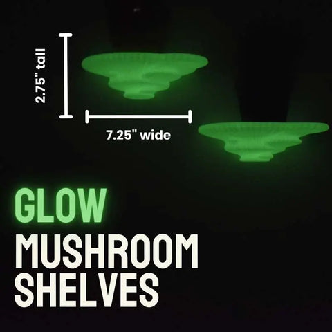 Two Chatelet Mushroom Floating Shelves by Chatelet Manufacturing glow against a dark background. Measuring 2.75 tall and 7.25 wide, these shelves are perfect for unique home decor. Glow Mushroom Shelves is highlighted in the text.