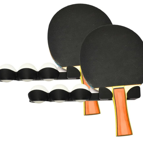 The Chatelet Ping Pong Table Caddy (Pack of 2) by Chatelet Manufacturing features two black paddles with orange handles, each with built-in holders for three white ping pong balls, shown on a white background.