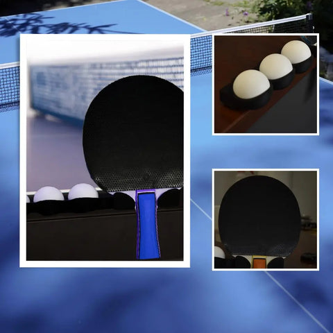 Collage shows Chatelet Ping Pong Table Caddy (Pack of 2) by Chatelet Manufacturing—close-ups of a paddle and balls in holders on a table, perfect for organizing your ping pong gear.