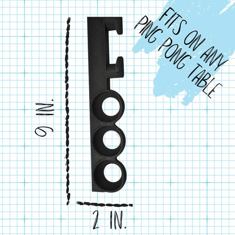 Chatelet Ping Pong Table Caddy (Pack of 2) by Chatelet Manufacturing: Black plastic holder with three round slots and two hooks, 6 x 2. Shown on graph paper with “Fits on any ping pong table.”.