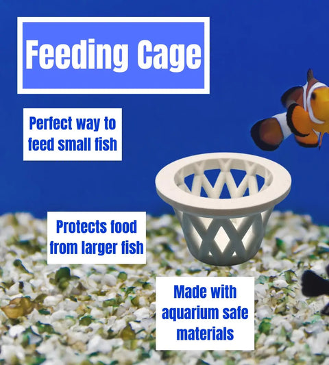 A Chatelet Aquarium Fish Feeding Cage floats on gravel near a clownfish. Text: “Perfect way to feed small fish,” “Keeps larger fish out,” “Made in USA,” and “Aquarium safe.” By Chatelet Manufacturing.