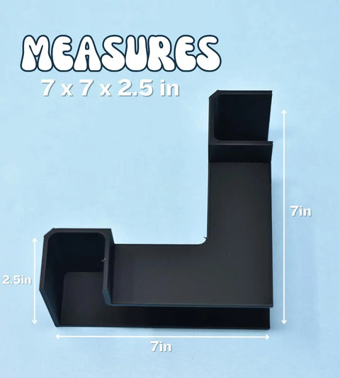 A black Chatelet Aquarium Underground XL Corner Tunnel by Chatelet Manufacturing is shown on a blue background with white text displaying its 7 x 7 x 2.5 inch dimensions and arrows highlighting length, width, and height.