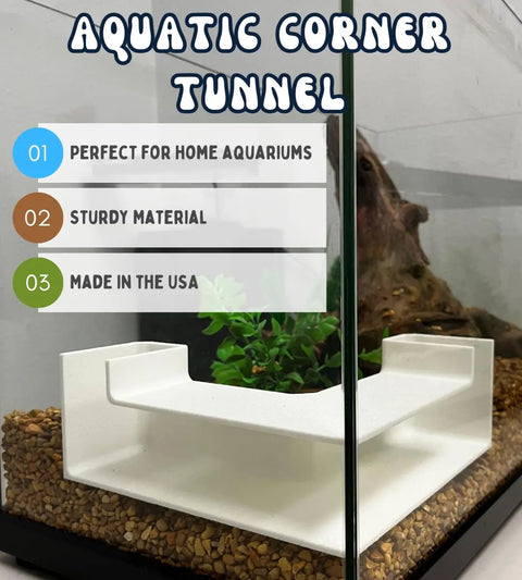 The Chatelet Aquarium Underground XL Corner Tunnel by Chatelet Manufacturing sits on gravel in a planted aquarium with a log—perfect for fish and shrimp, unique decor, sturdy build, and proudly made in the USA.