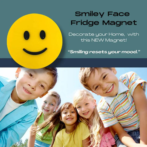A black and yellow Emoji Smiley Face by Chatelet Manufacturing is displayed above five smiling kids outdoors with the promo quote, “Smiling resets your mood.” A fun, made-in-USA decorative ideogram for any fridge!.