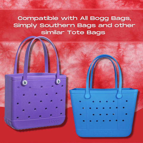 A red megaphone BOGLET by Chatelet Manufacturing is shown as a fun cheerleading charm accessory, perfect for decorating Bogg Bags, Simply Southern Bags, and other similar totes.