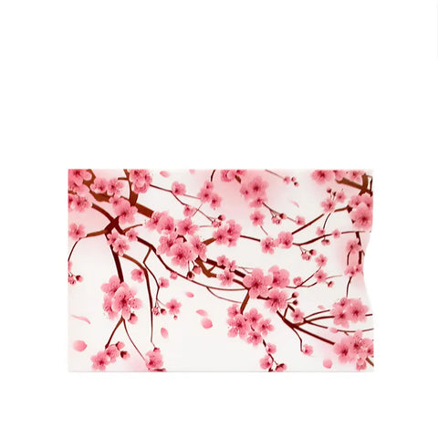 Rogue Industries RFID Blocking Credit Card Sleeves - Cherry feature a white background with pink cherry blossoms and brown branches, including gently falling petals. The slightly curved right edge enhances protection against identity theft.