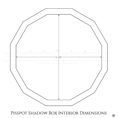 Line drawing of an octagon with two perpendicular dimension lines labeled 11 3/32 inches. Text below: Cherry Ammo Pisspot Shadow Box by Legacies of America Woodworking Company. Crafted from cherry hardwood and glass. Made in USA.