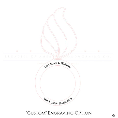 Outline of the Cherry Ammo Pisspot Shadow Box by Legacies of America Woodworking Company, featuring “PO1 James L. Williams” and “March 1989 – March 2019” engraved on cherry hardwood. Made in USA. CUSTOM Engraving Option available below.