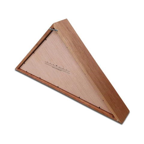 The Legacies of America Woodworking Company Cherry Burial Flag Display Case (5 x 9.5 Flag) features a triangular wooden design with a hinged lid, smooth cherry finish, and center markings—crafted by veterans for lasting quality.