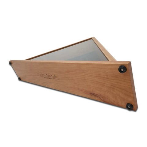 The Legacies of America Woodworking Company Cherry Burial Flag Display Case (for 5 x 9.5 flags) is handcrafted in the USA with a glass front, black corner screws, and visible wood grain shown from an angled view.