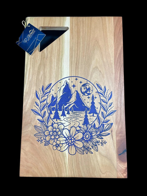 The Purple Epoxy Cherry Inlay Serving Tray by B. James Design & Woodwork features a wooden base with purple epoxy and cherry inlay, creating a unique decorative centerpiece for your home. A branded tag is attached in the top left corner.