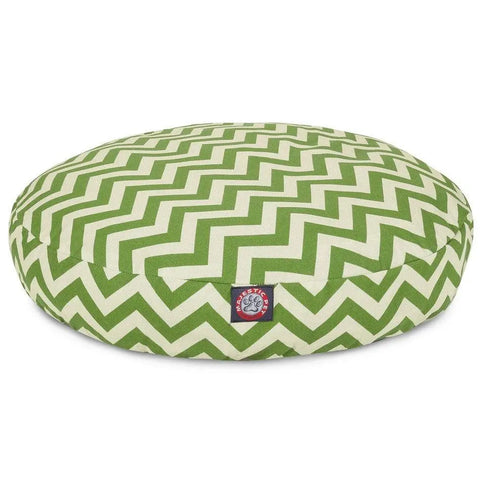 The Majestic Pet Chevron Round Dog Bed features a green and white zigzag chevron pattern, a small logo tag, and a washable, removable cover for easy cleaning—combining style and convenience for your pet’s comfort.