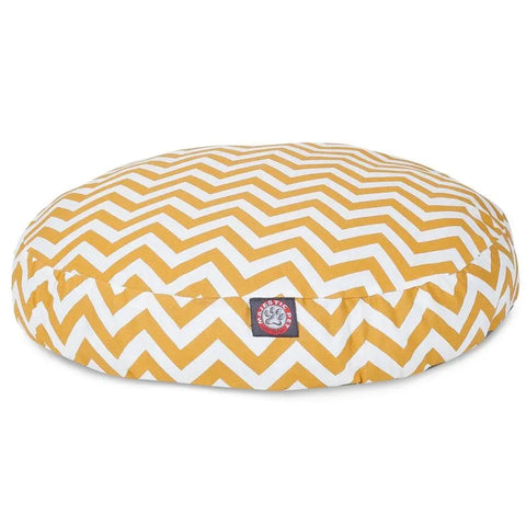 The Majestic Pet Chevron Round Dog Bed features a yellow and white zigzag pattern, a side logo tag, a removable washable cover, and is easy to clean.