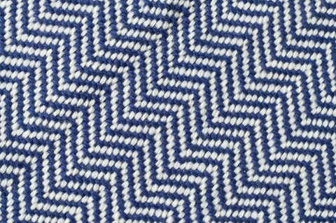 Close-up of the Chevron Pattern Soft Wool Throw Size Blanket by American Blossom Linens, featuring a blue and white chevron design in thick, textured Climate Beneficial wool with clearly visible stitches for a cozy, geometric look.