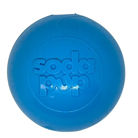 The SodaPup Chew Proof Floating Dog Fetch Ball is a durable 3-inch blue squeaker toy, embossed with "soda pop," shown on a white background. Made in the USA.