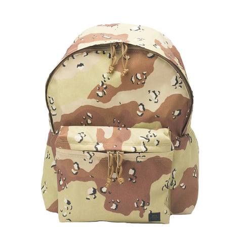 The MIS Daypack - Chocochip Desert Camo is a tan and brown packcloth nylon backpack with a front pocket, zipper pulls, and a 13-inch laptop sleeve, shown against a plain white background.