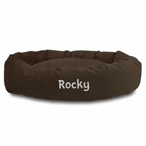 Personalized Suede Bagel Dog Bed – Luxurious Faux Suede Pet Cushion | Made in USA Majestic Pet 