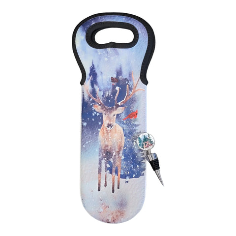 Christmas Deer Neoprene Wine Tote and Decorative Stopper Set – Insulated Bottle Carrier | Made in USA Woman-Owned Michelle Marie Boutique  Wine Stopper