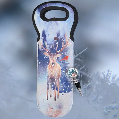 Christmas Deer Neoprene Wine Tote and Decorative Stopper Set – Insulated Bottle Carrier | Made in USA Woman-Owned Michelle Marie Boutique  Wine Stopper