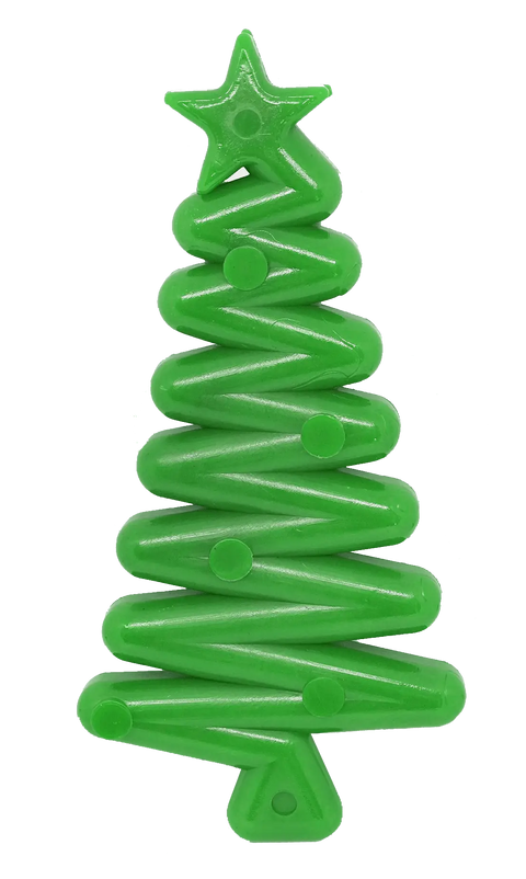 The SodaPup Christmas Tree Ultra Durable Nylon Dog Chew Toy features a green zigzag tree shape with a star and circular accents; ideal for aggressive chewers and dental health. Shown on a transparent background.